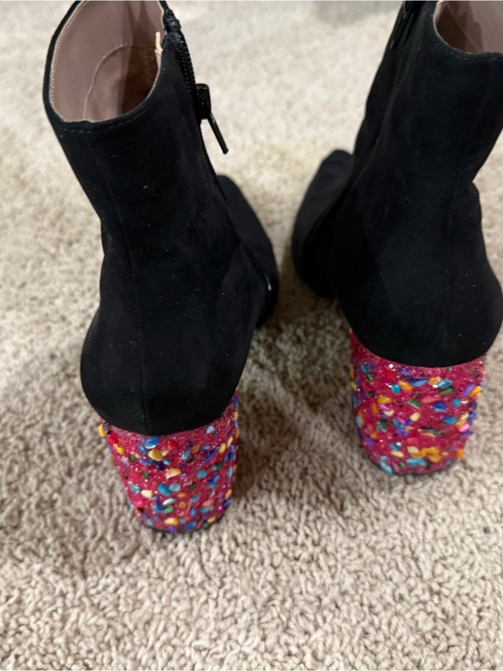 Betsey Johnson KassieBlack Suede Ankle Booties with Multicolor Beaded Block Heel - Picture 5 of 9